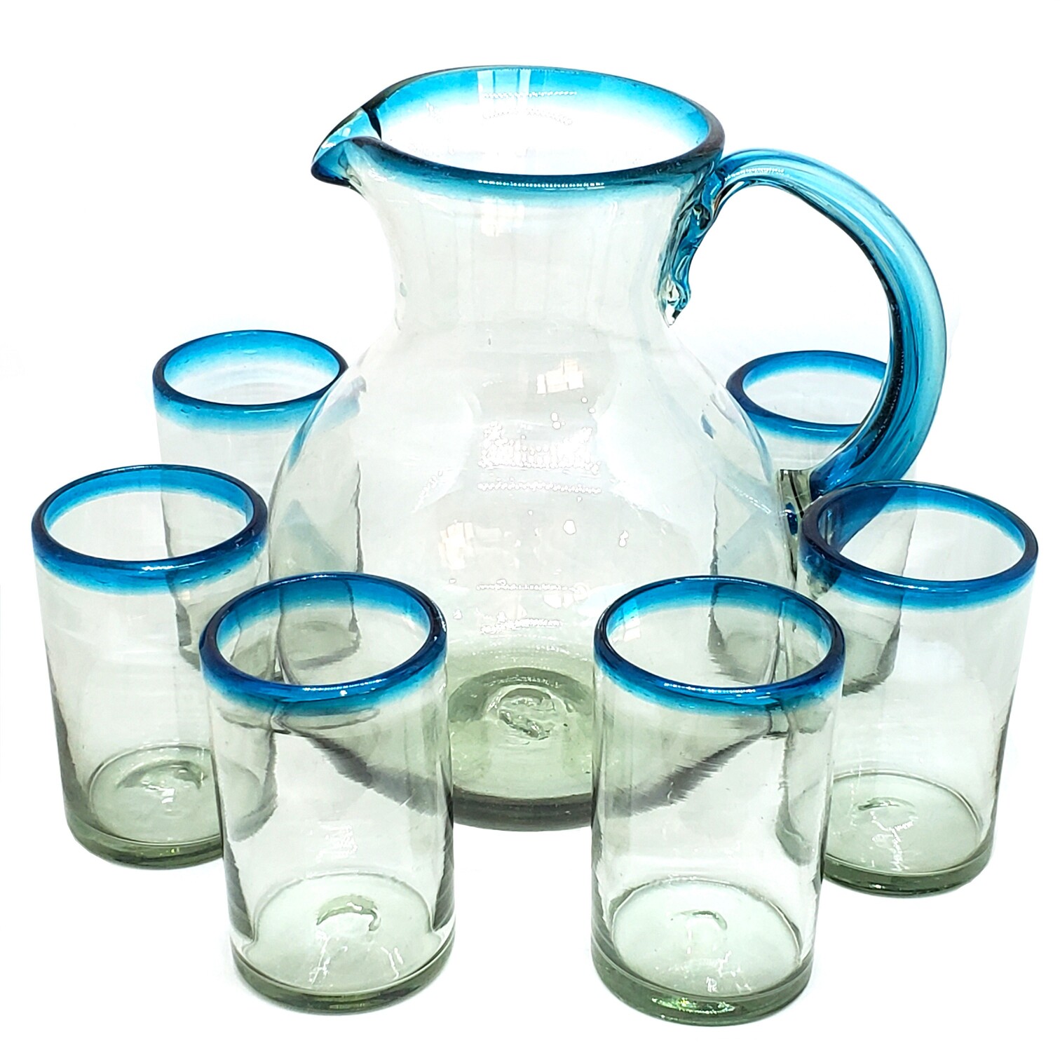 MEXICAN GLASSWARE / Aqua Blue Rim 120 oz Pitcher and 6 Drinking Glasses set